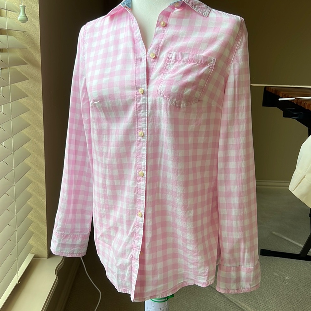St John’s Bay Pink checked shirt with denim trim